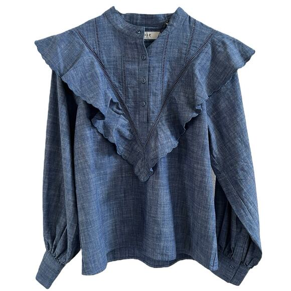 Joie Rivoire NWT Blue Chambray Ruffle Puff Sleeve Cotton Blouse Top size Small - Picture 1 of 16